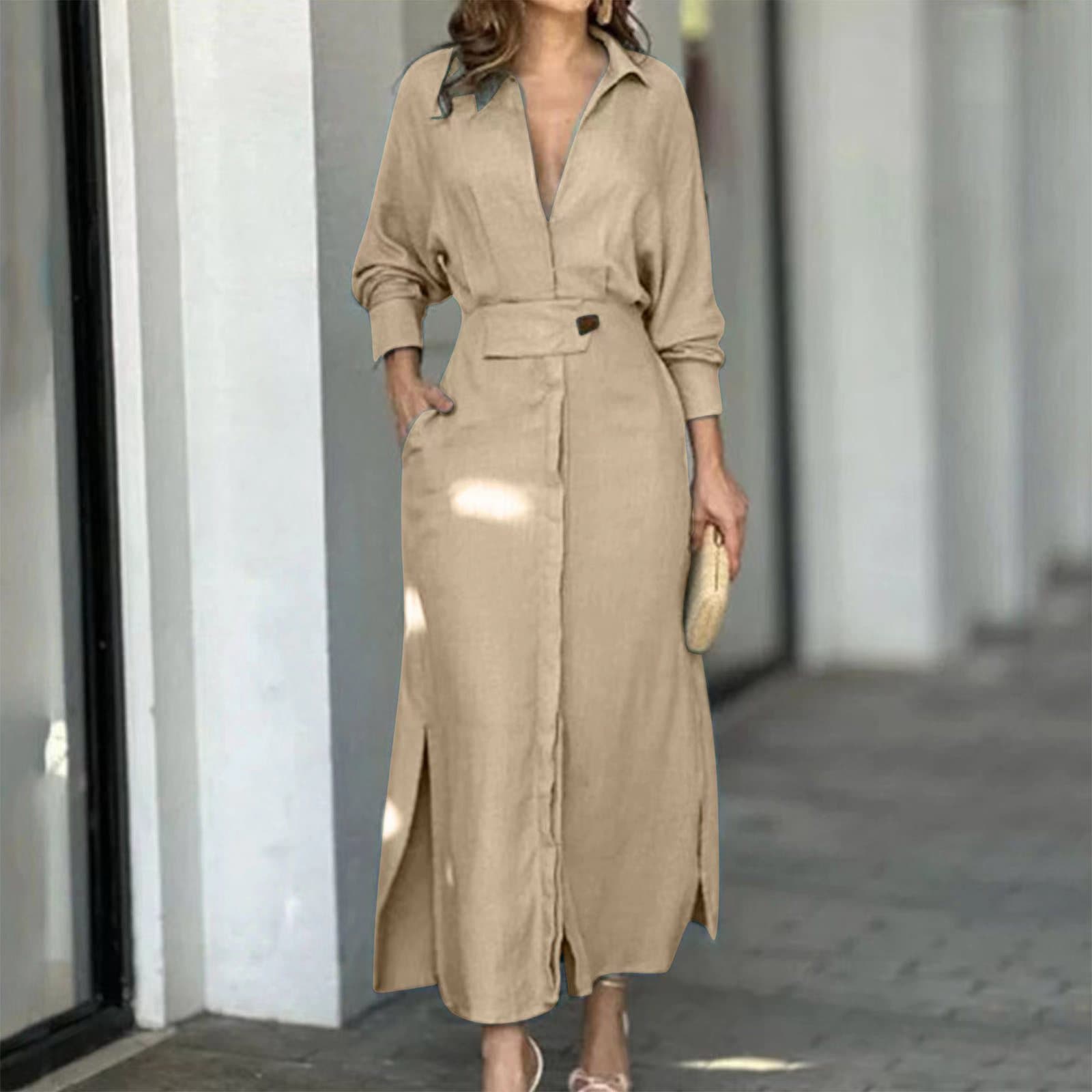大人ワンピース ロング 上質リネン風シャツカラーワンピース