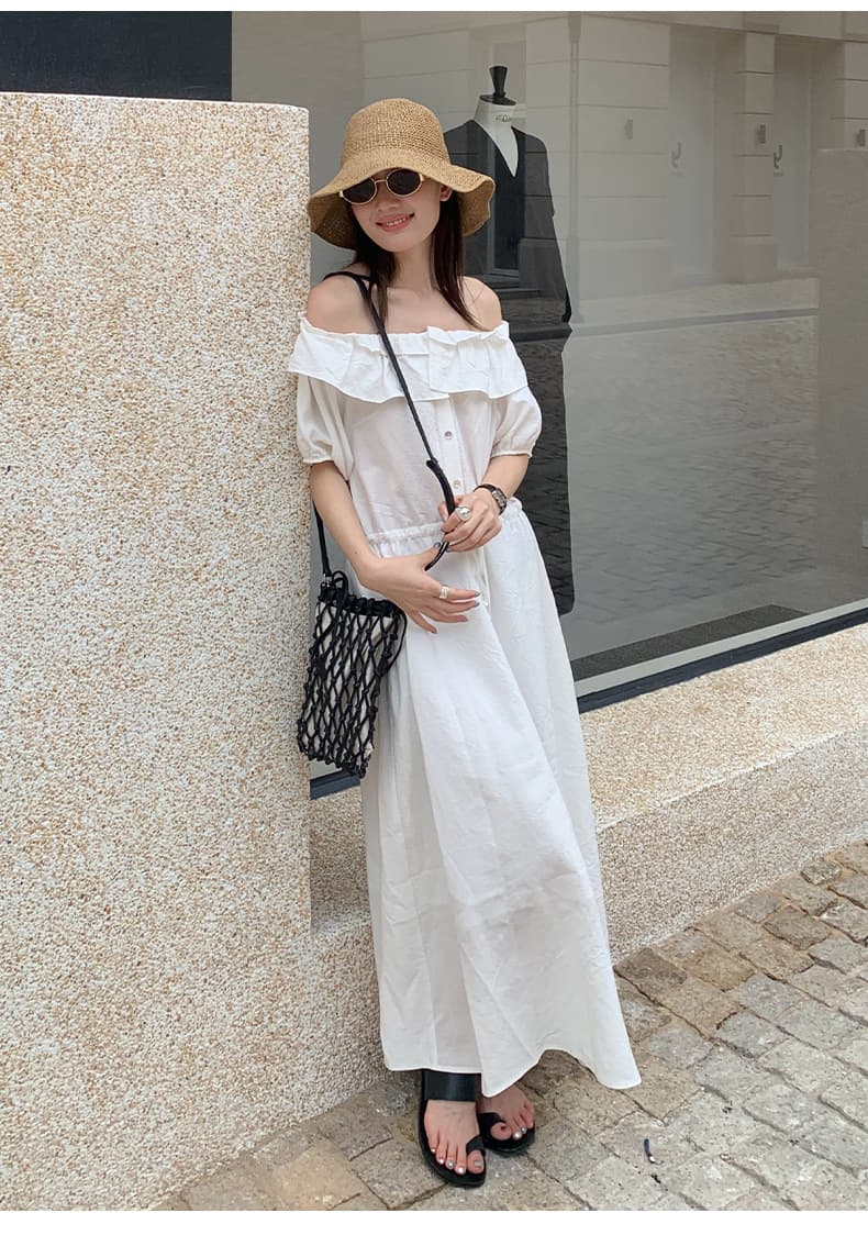大人ワンピース ロング フリルデコルテ リゾートロングワンピース