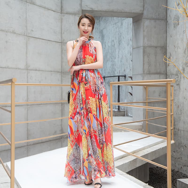 大人ワンピース ロング フローラル柄シフォンホルターネックワンピース