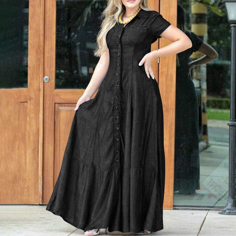 大人ワンピース ロング 前開きフレアシャツカラーロングワンピース