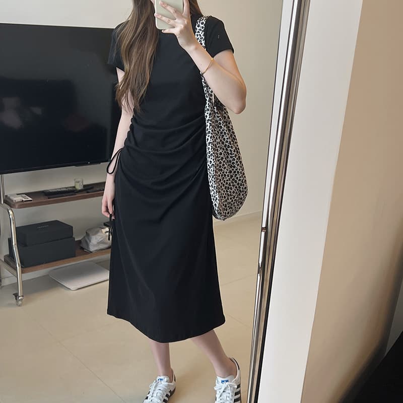 大人ワンピース ロング サイドギャザー ロングワンピース