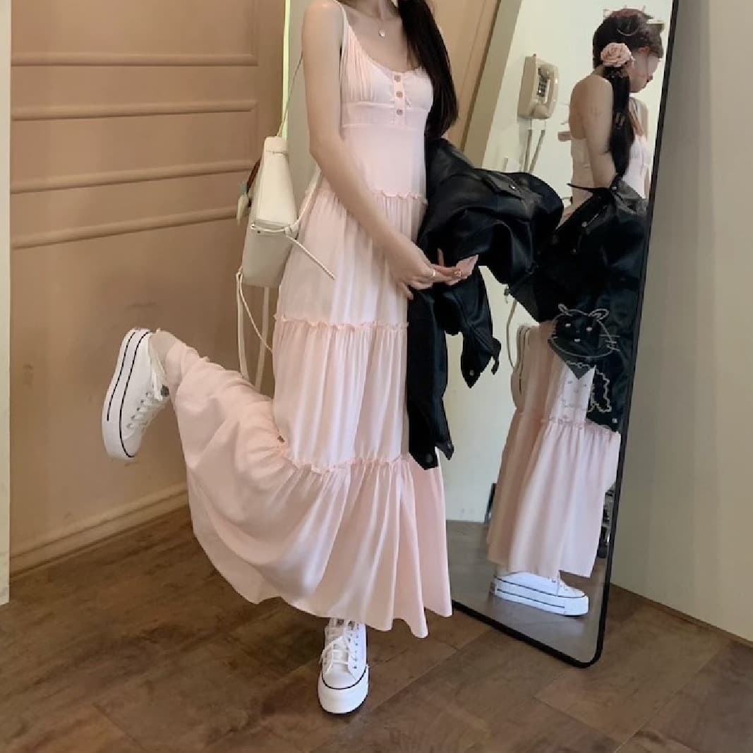 大人ワンピース ロング フリル切替ティアードマキシワンピース