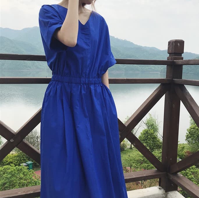 大人ワンピース ロング 五分袖ゆったりギャザーワンピース