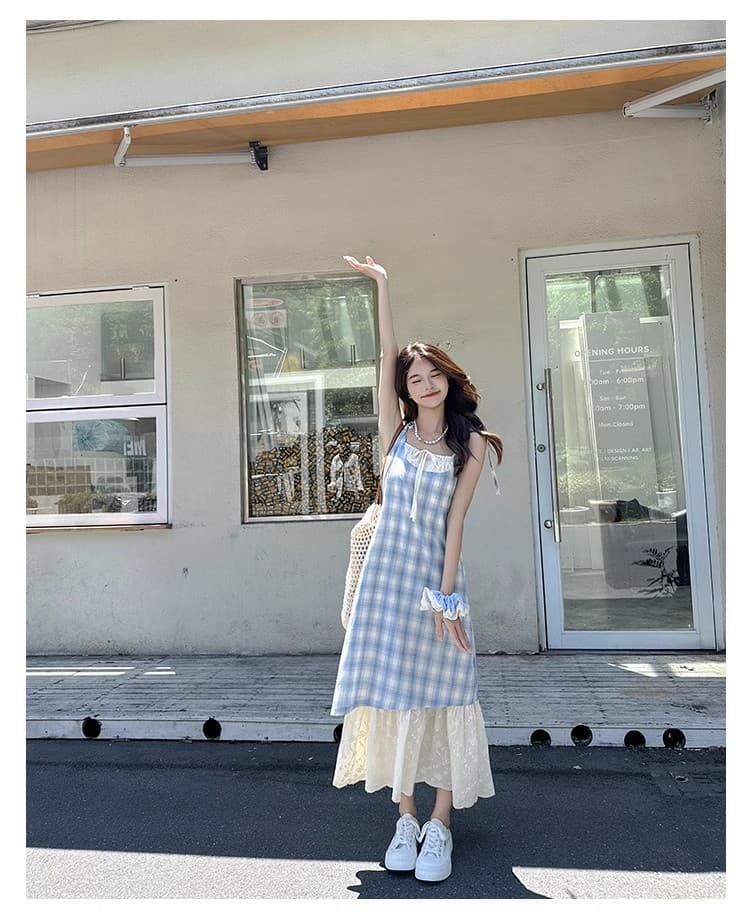 大人ワンピース マキシ チェック柄レース切替キャミソールワンピース