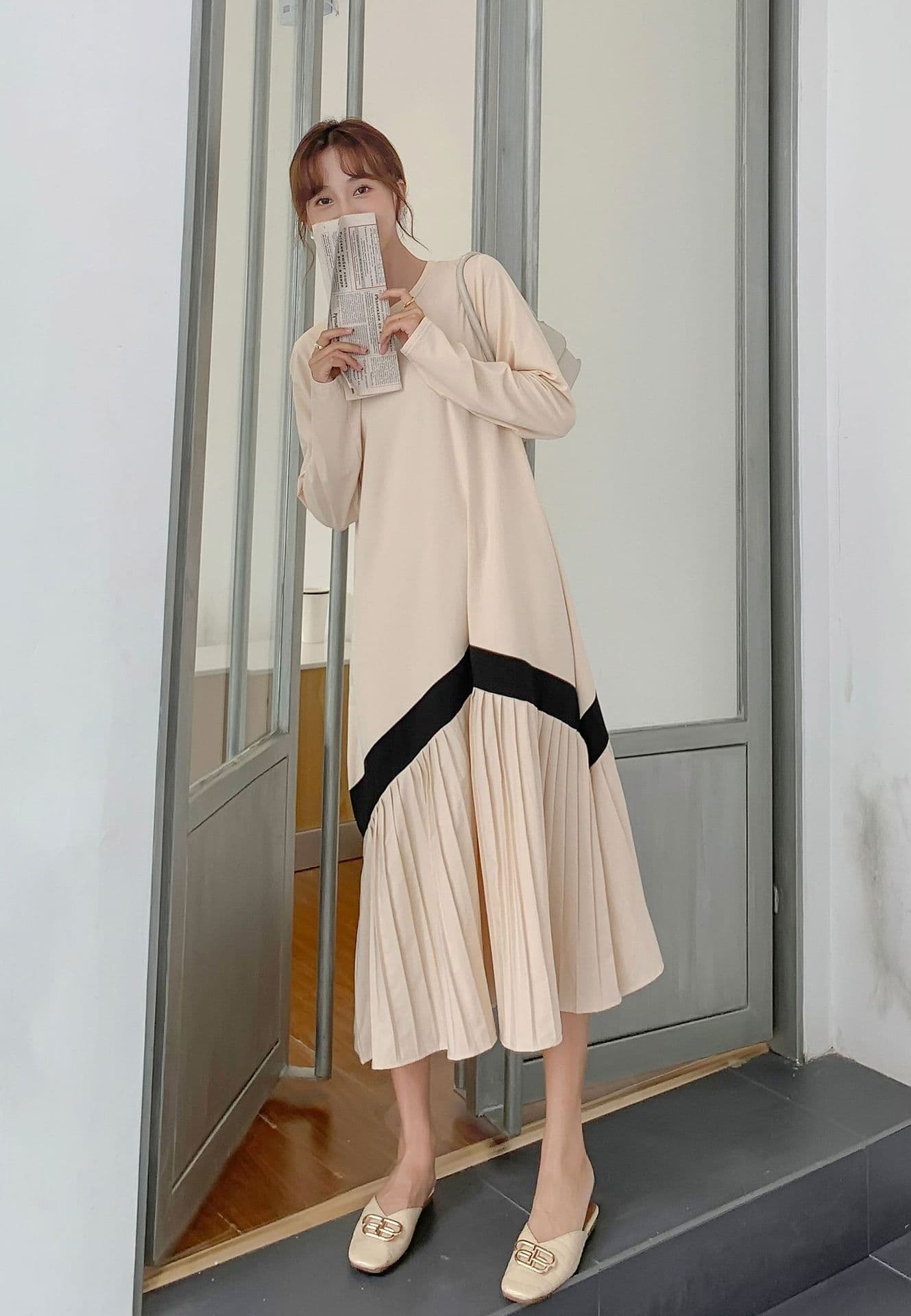 大人ワンピース ロング プリーツ切替ラインバイカラーワンピース