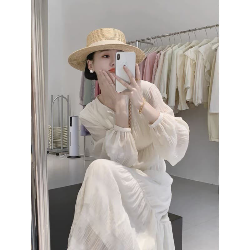 大人ワンピース ロング ふんわり袖のティアードロングワンピース