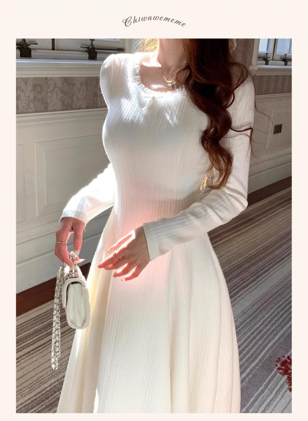 大人ワンピース ロング 優雅なプリーツニットワンピース