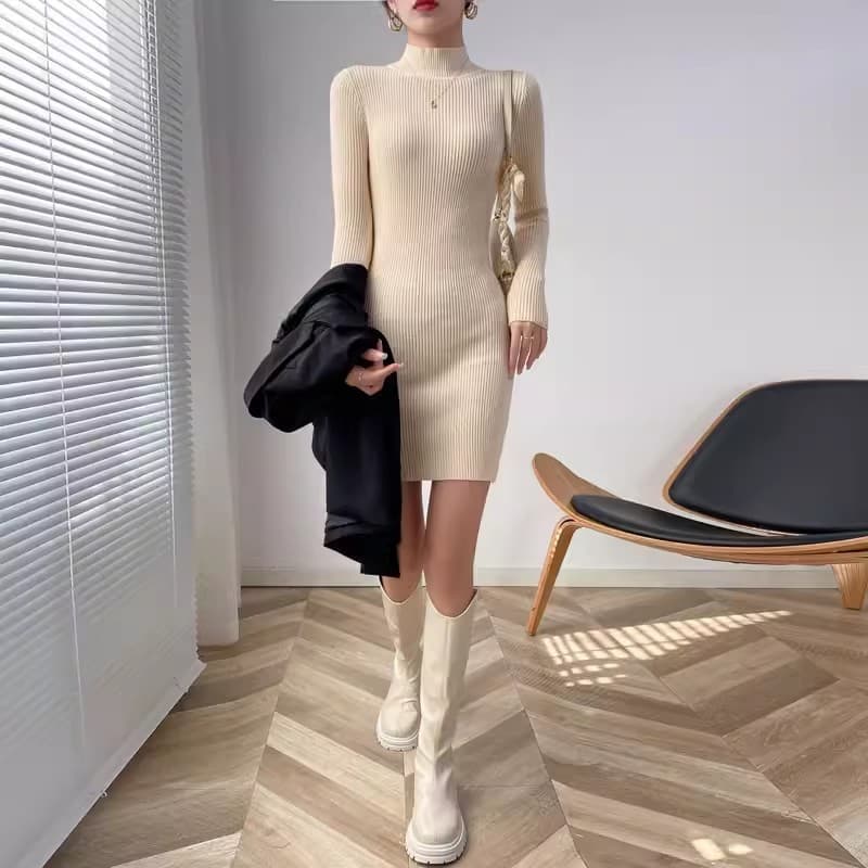 大人ワンピース ミニ スタイリッシュ美シルエット リブニットワンピース