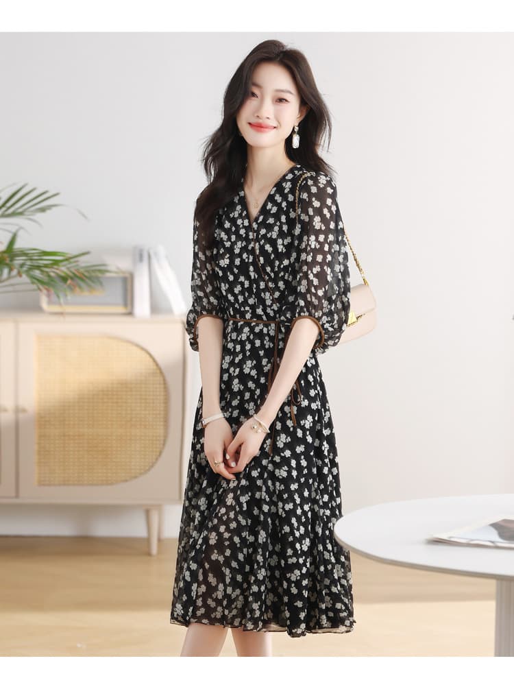 大人ワンピース ロング 花柄シアー素材パフスリーブ
