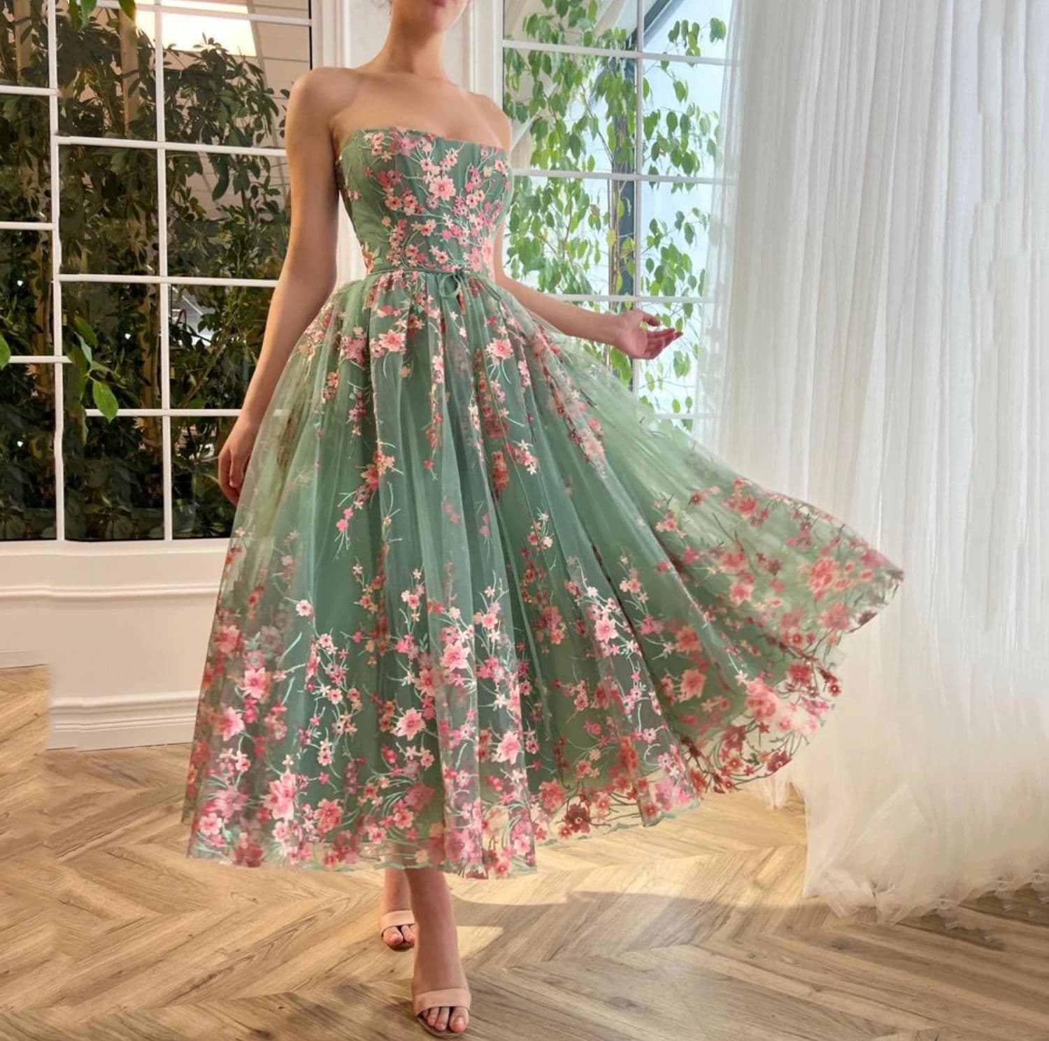 大人ワンピース ロング 桜舞う シフォンドレスワンピース