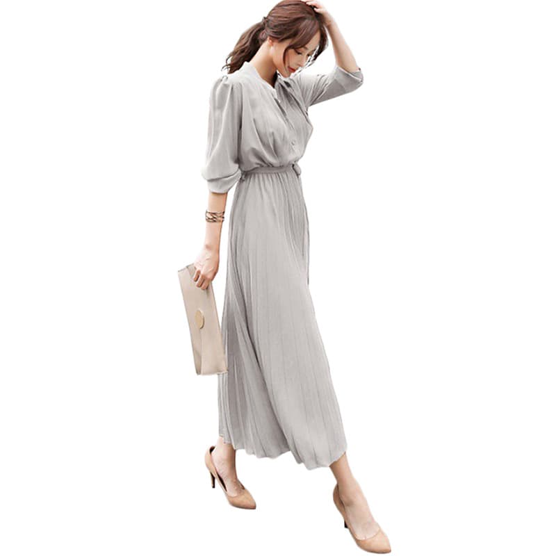 大人ワンピース ロング 上品シルエット プリーツロングワンピース