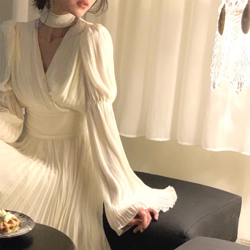 大人ワンピース ロング ドレープギャザー プリーツ ワンピース