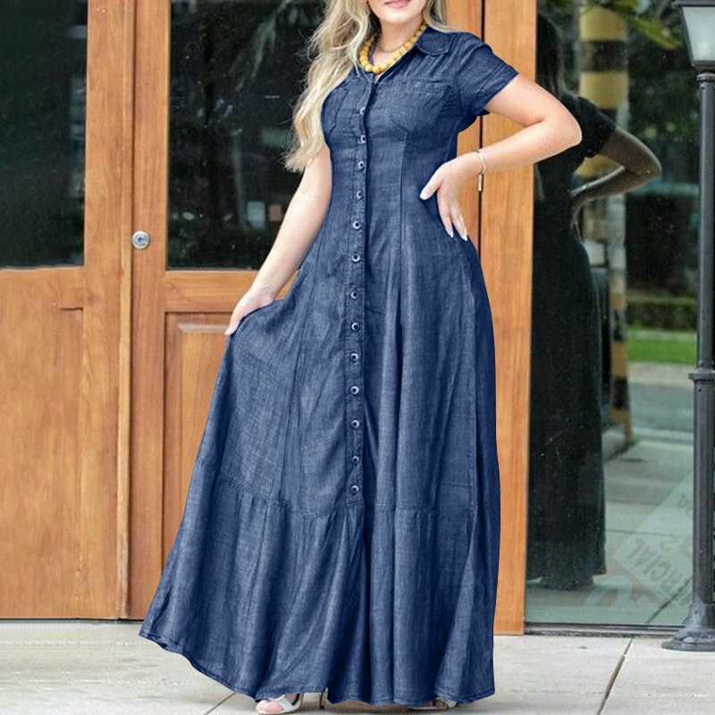 大人ワンピース ロング 前開きフレアシャツカラーロングワンピース