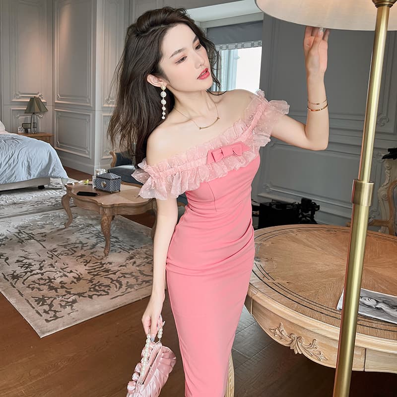 大人ワンピース ロング 優美なチュールフリルワンピース