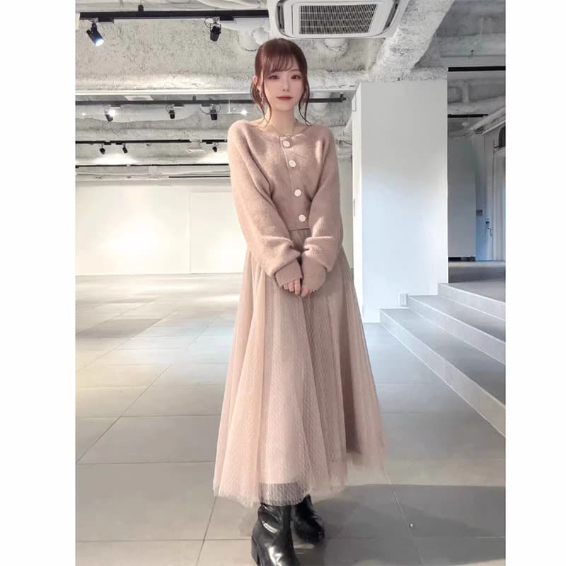 大人ワンピース ロング チュール切替大人ニットワンピース