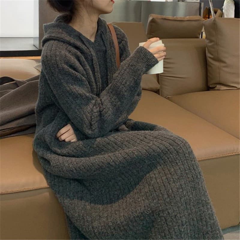 大人ワンピース ロング リブ編み ロング丈フード付きニットワンピース