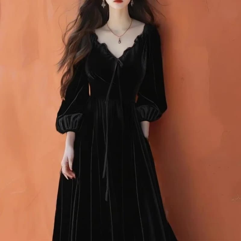 大人ワンピース ロング ベルベット素材 袖ふんわり ロングワンピース