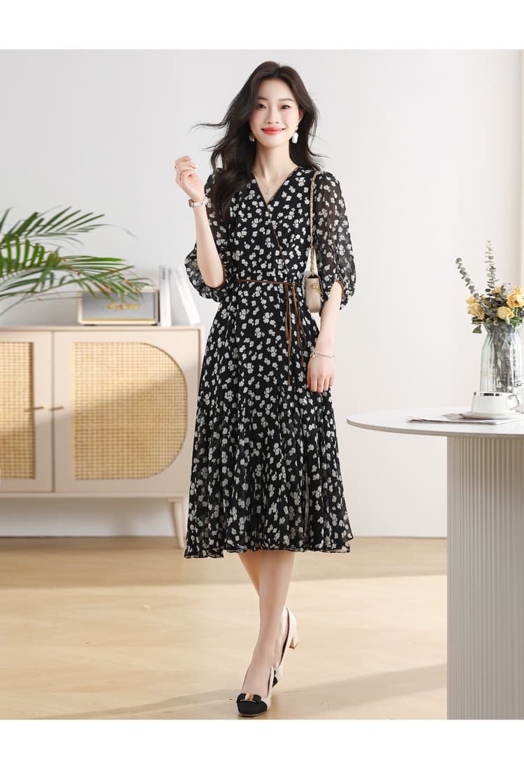 大人ワンピース ロング 花柄シアー素材パフスリーブ