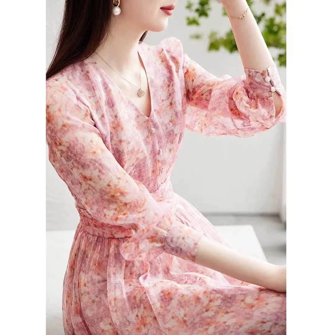 大人ワンピース ロング 花柄シフォンギャザーワンピース