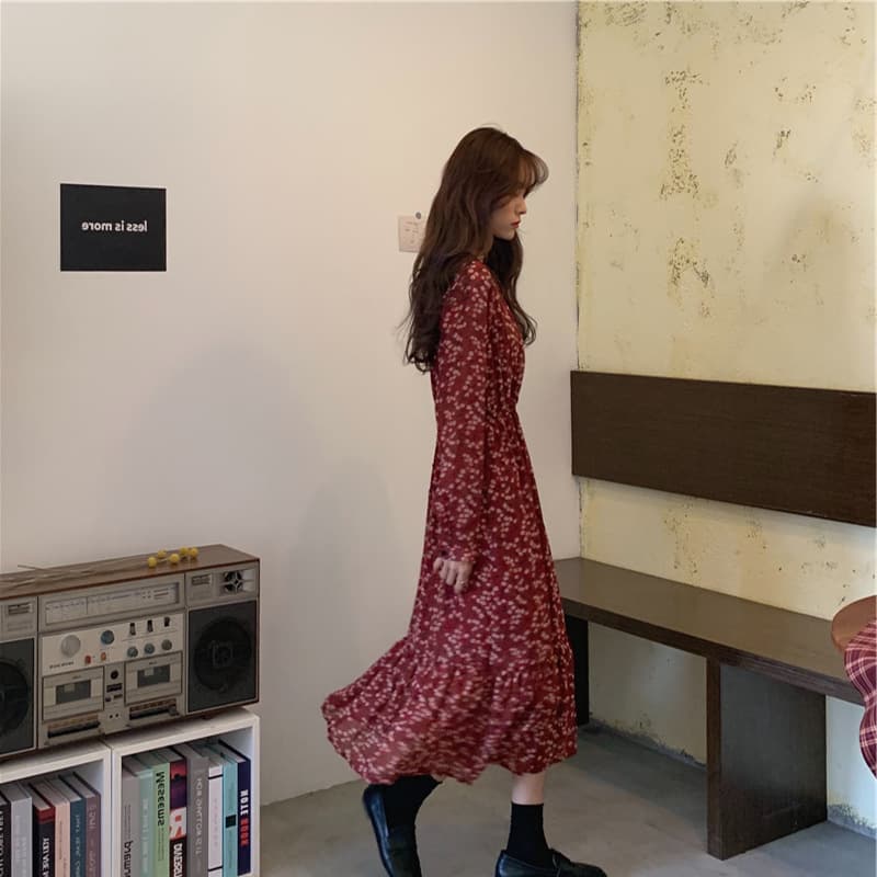 大人ワンピース ロング 花柄シフォンティアードロングワンピース