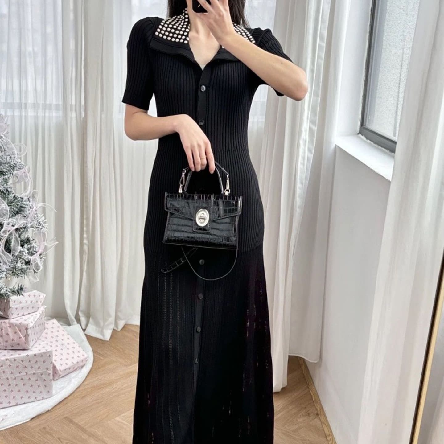 大人ワンピース ロング ドット襟リブニットワンピース