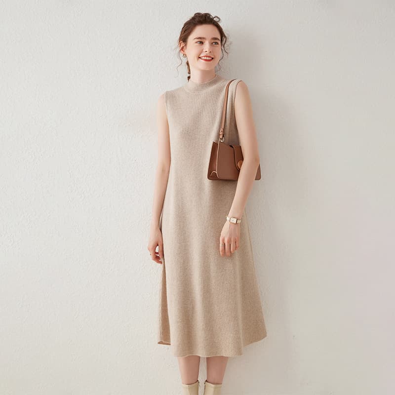 大人ワンピース ロング 上質リブ編みノースリーブ