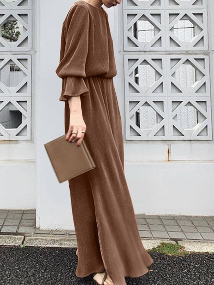 大人ワンピース ロング シンプル優美フレア袖ロングワンピース