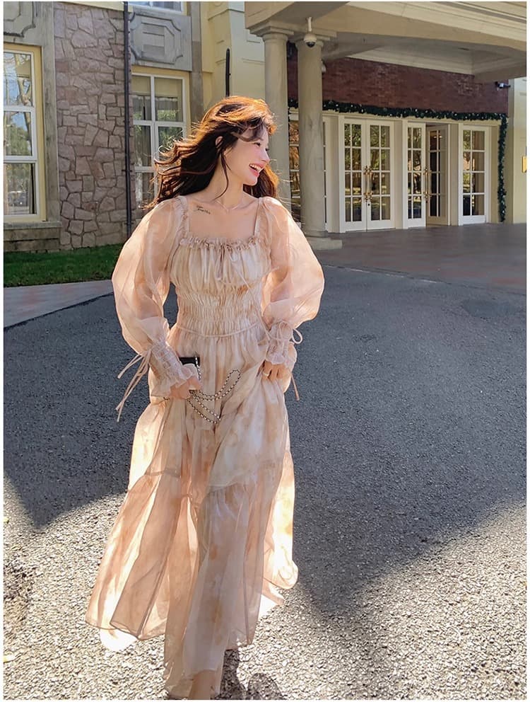 大人ワンピース ロング 優美な花柄ティアードワンピース