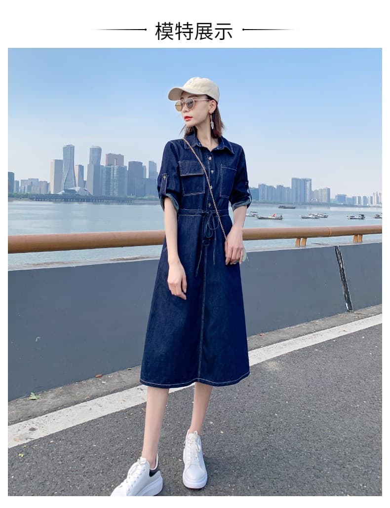 大人ワンピース ロング  デニム素材シャツカラーロングワンピース