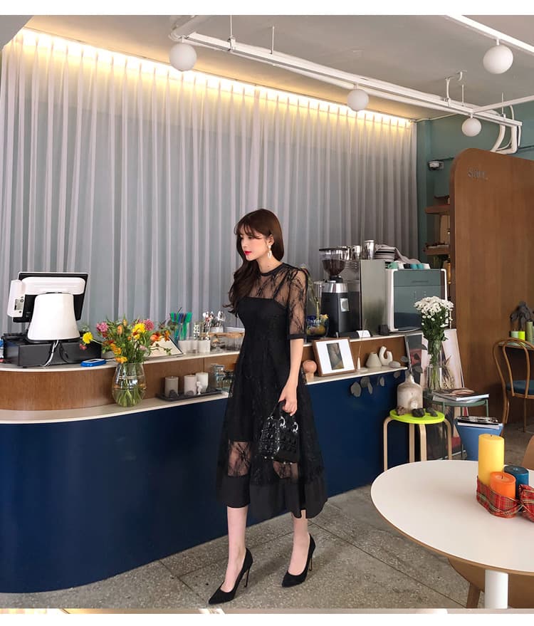 大人ワンピース ロング レース切替シアー素材ワンピース