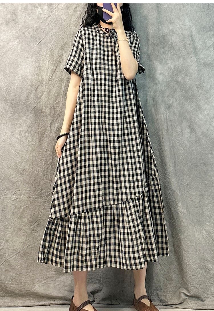 大人ワンピース 綿素材チェック柄ワンピース ティアード裾デザイン