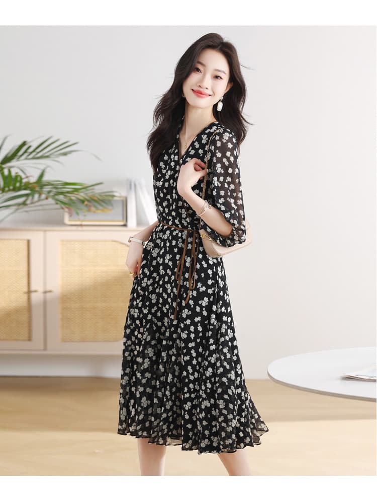 大人ワンピース ロング 花柄シアー素材パフスリーブ