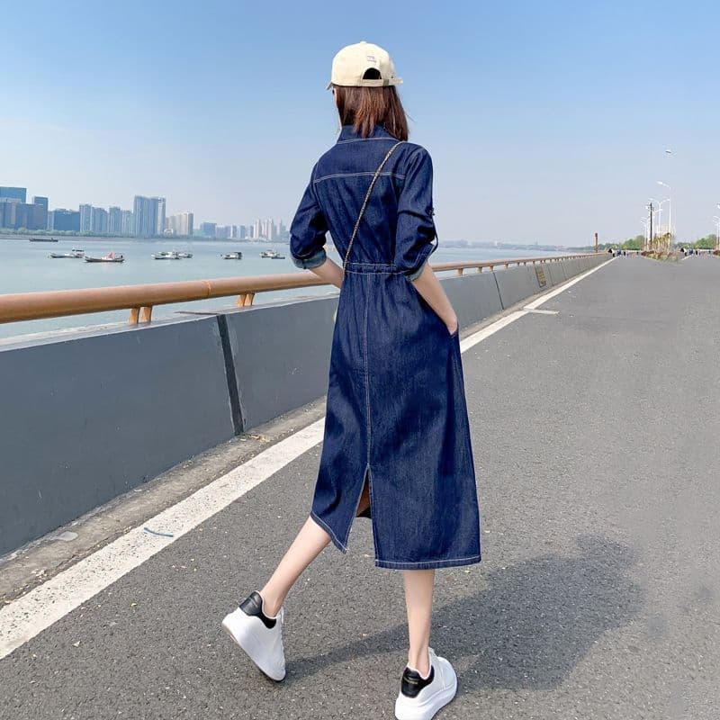 大人ワンピース ロング  デニム素材シャツカラーロングワンピース