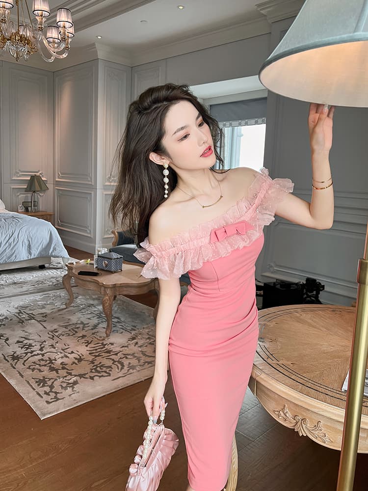 大人ワンピース ロング 優美なチュールフリルワンピース
