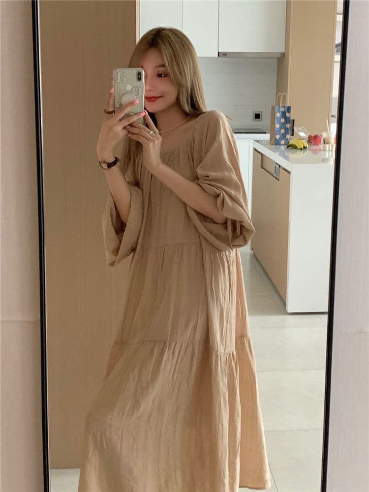 大人ワンピース ロング ふんわり袖のティアードワンピース