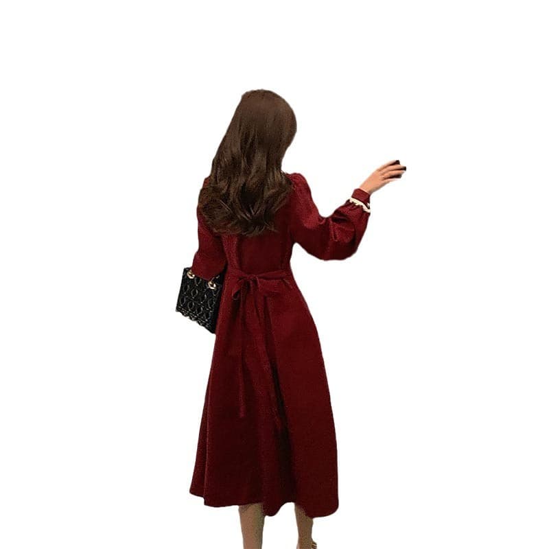 大人ワンピース ロング レトロ調フリル襟ロング丈ワンピース
