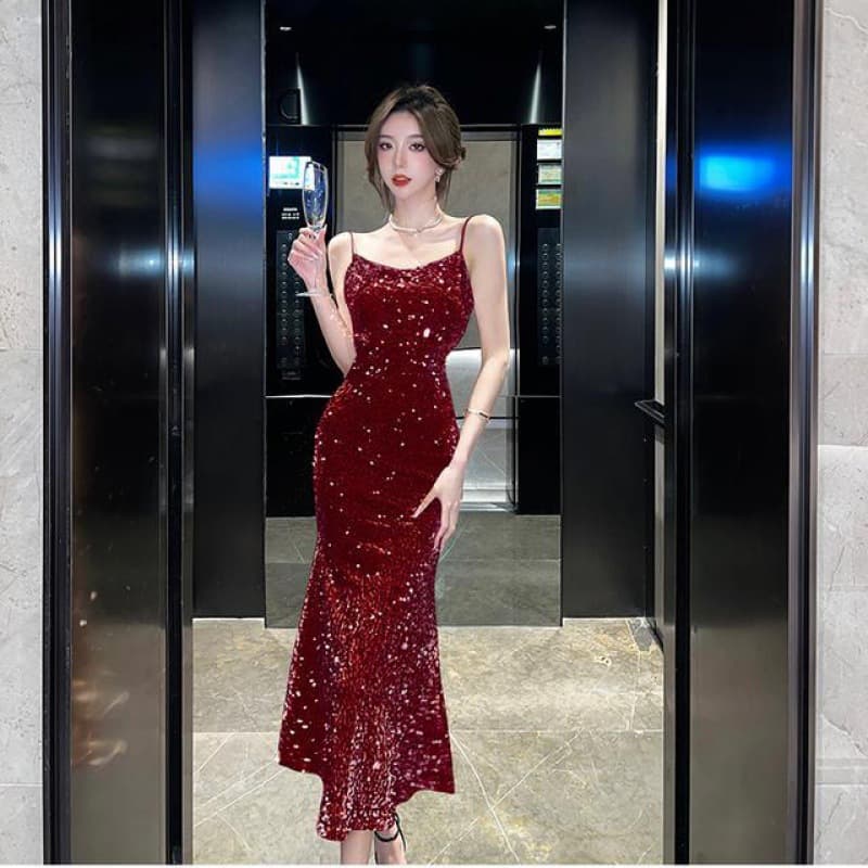 大人ワンピース ロング キラめきスパンコール大人ロングキャミワンピース