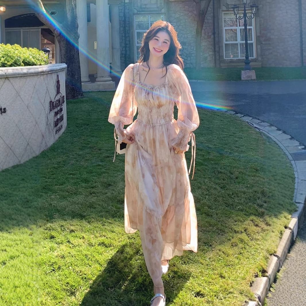 大人ワンピース ロング 優美な花柄ティアードワンピース