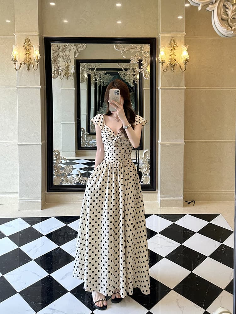 大人ワンピース ロング フリルドット柄ロングワンピース