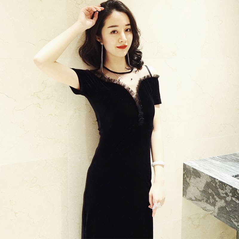 大人ワンピース ロング 優美チュール シースルー ベルベットワンピース