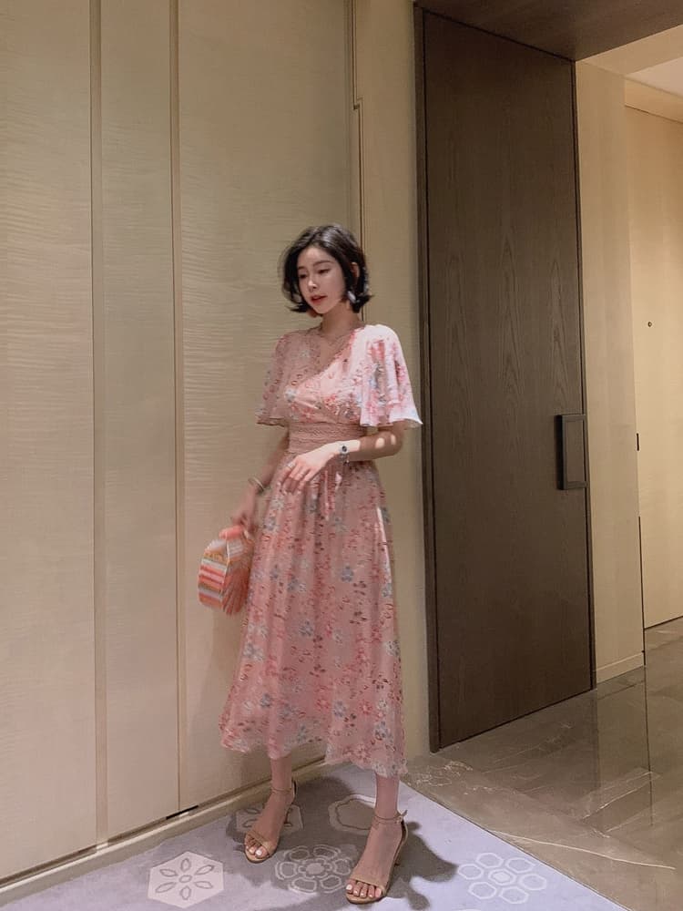 大人ワンピース ロング 優美なシアー袖花柄ギャザーワンピース