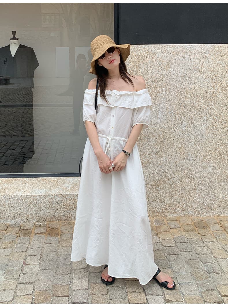 大人ワンピース ロング フリルデコルテ リゾートロングワンピース