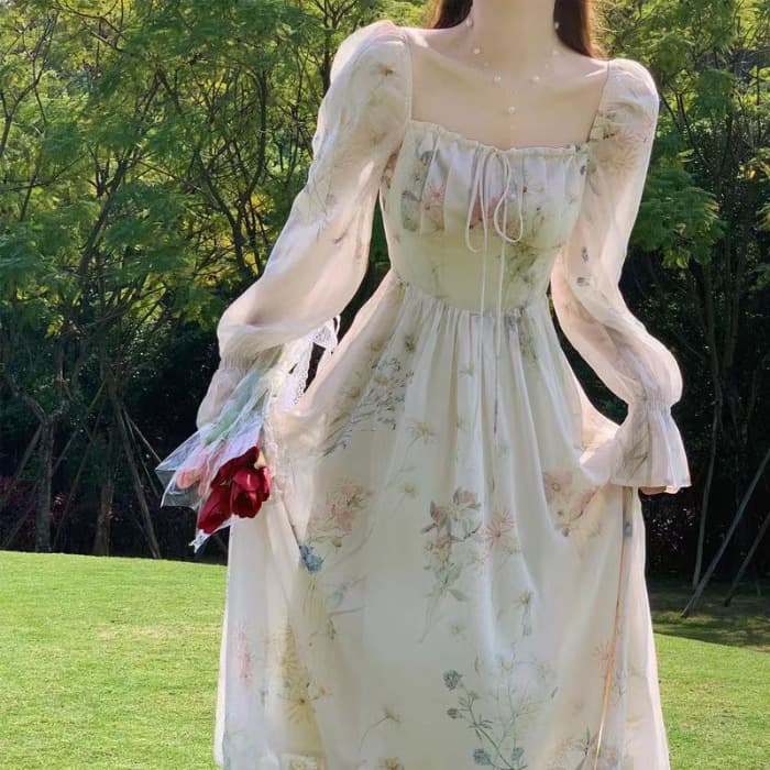 大人ワンピース ロング 優美な花柄パフスリーブワンピース