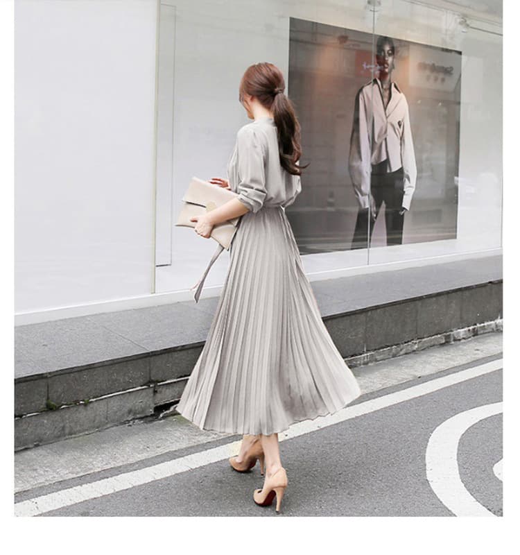 大人ワンピース ロング 上品シルエット プリーツロングワンピース