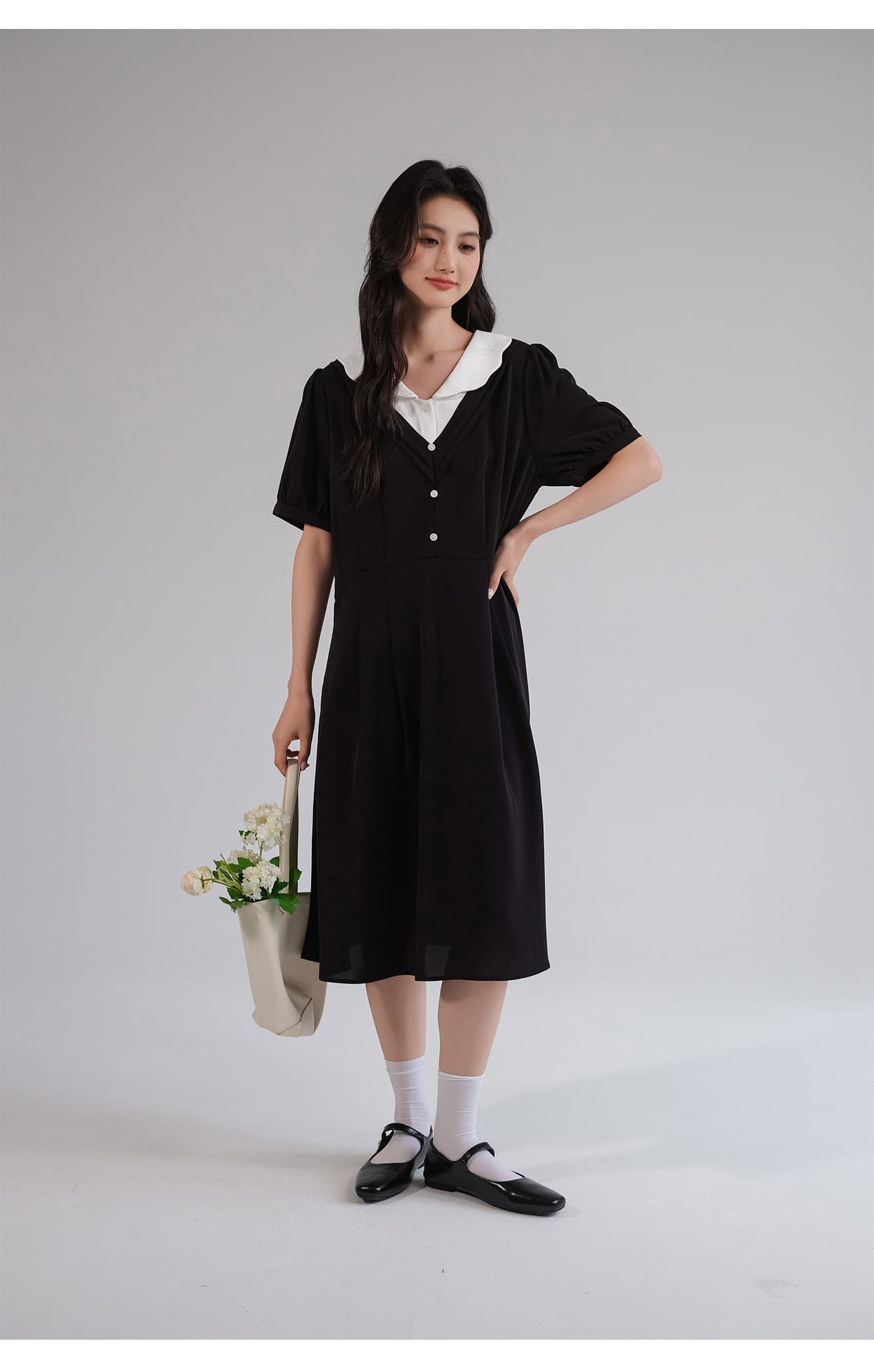 大人ワンピース ロング レイヤード風Vネックシフォンワンピース