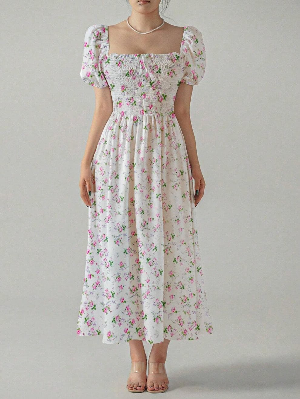 大人ワンピース ロング 花柄シャーリングワンピース
