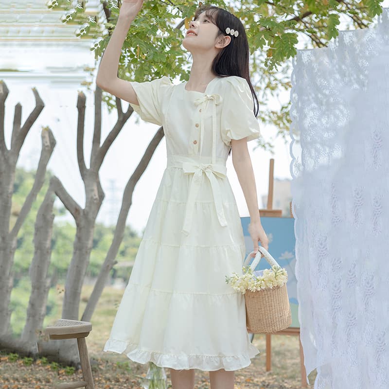大人ワンピース ロング ふんわりパフスリーブ リボンティアードワンピース