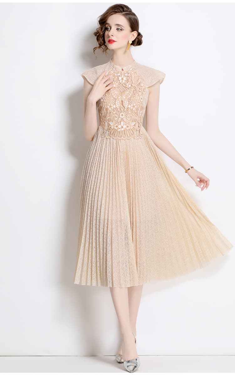 大人ワンピース ロング 上品刺繍プリーツ ミモレ丈ワンピース