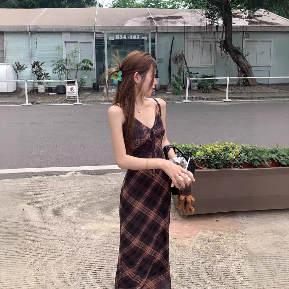 大人ワンピース ロング 格子柄キャミソールロングワンピース