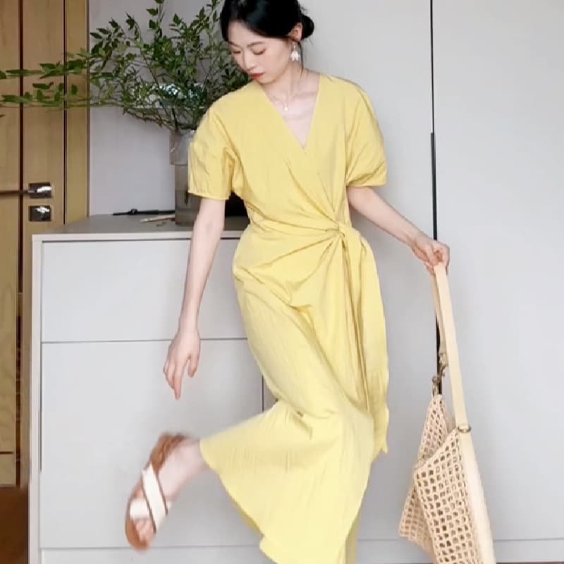 大人ワンピース ロング ウエストリボン付きパフスリーブワンピース